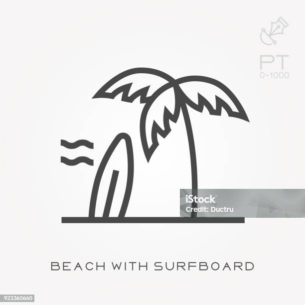 Line Icon Beach With Surfboard Stock Illustration - Download Image Now - Palm Tree, Icon Symbol, Line Art