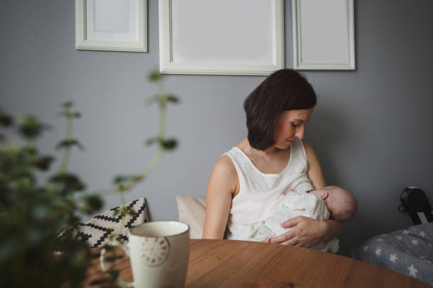 Young beautiful woman is breastfeeding a little baby in a cozy room stock photo