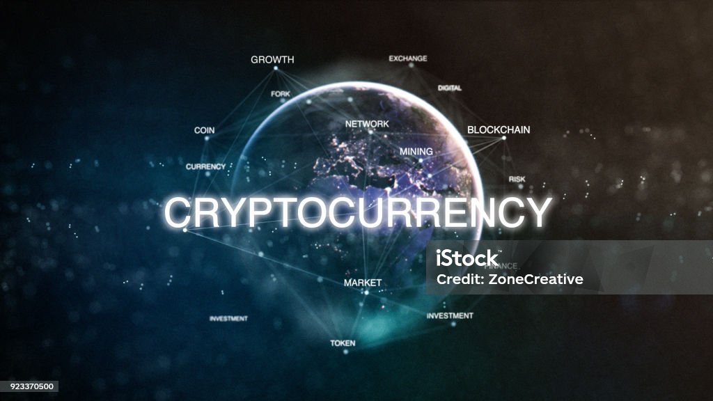 Technologie Erde aus dem Weltraum Wort set mit Kryptowährung im Fokus. Futuristische Bitcoin Krypto Währung orientierte Wörter Wolke 3D-Illustration. Krypto eBusiness-Schlüsselwörter Konzept - Lizenzfrei Kryptowährung Stock-Foto