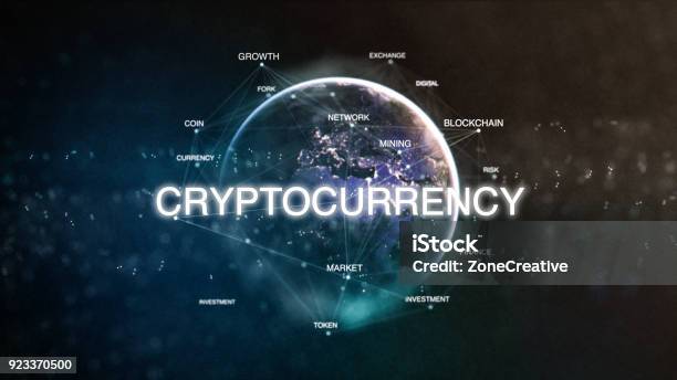 Technology Earth From Space Word Set With Cryptocurrency In Focus Futuristic Bitcoin Crypto Currency Oriented Words Cloud 3d Illustration Crypto Ebusiness Keywords Concept Stock Photo - Download Image Now