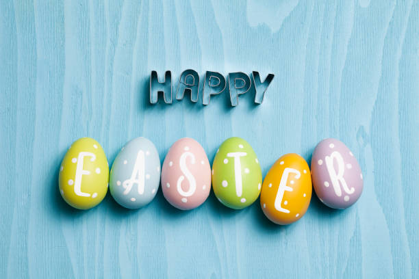 istock Happy Easter decoration on blue wood - Backgrounds Pastry Cutter Text Egg 923371276