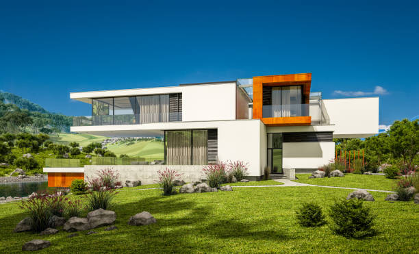 istock 3d rendering of modern cozy house by the river 923375158