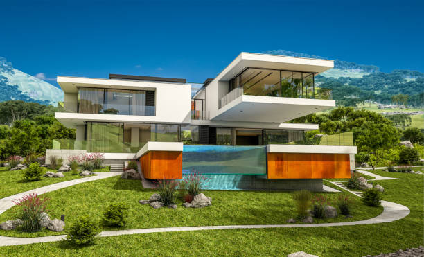 istock 3d rendering of modern cozy house by the river 923375322