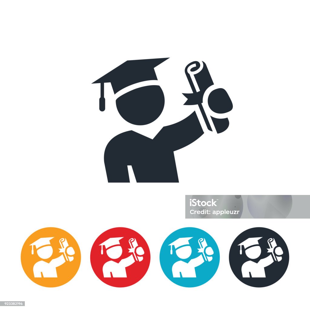 Graduate Holding Diploma An icon of a graduate in cap an gown holding up their diploma on graduation day. Success stock vector