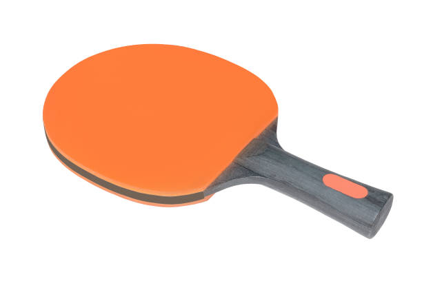 istock Orange ping-pong paddle with a black wooden handle isolated on white background 923383254