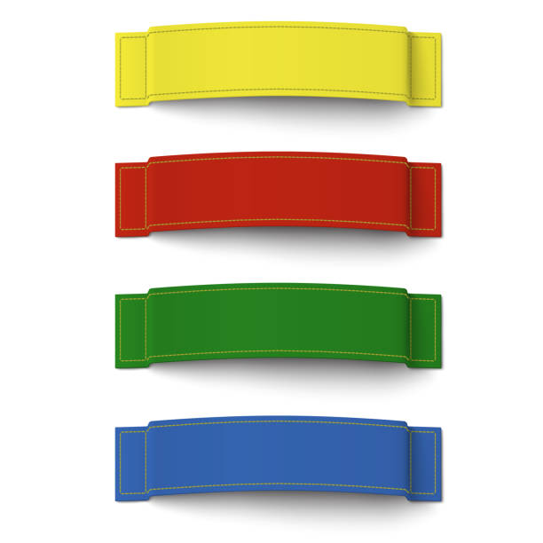 istock Set of 4 different color fabric labels with stitching isolated on white background 923398440