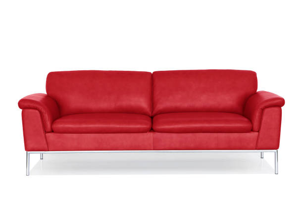 istock Red genuine leather sofa with metal tube legs. 923402228