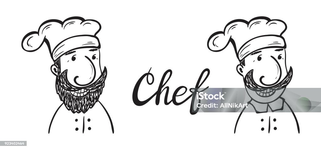 Lustig bärtigen und schnauzbärtigen Chef. Handgezeichnete Cartoon Hipster Chef Cook Zeichen. Schwarz / weiß Umrisszeichnung. Vektor-illustration - Lizenzfrei Garkochen Vektorgrafik