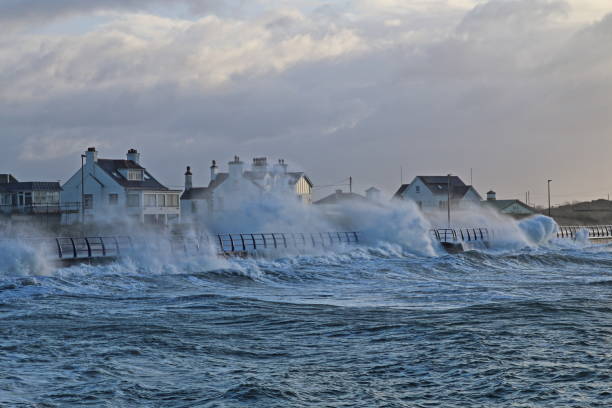 Storm Eleanor, Trearddur Bay, Anglesey, Wales, January 2018 Rough Sea at Trearddur Bay, Storm Eleanor, January 2018 coastal feature stock pictures, royalty-free photos & images