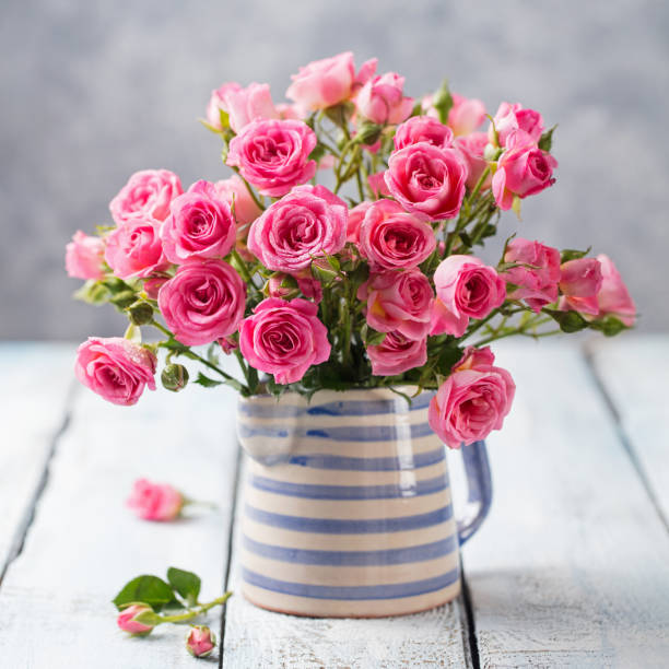 istock Rose flowers in vase. Beautiful romantic bouquet. Copy space 923407078