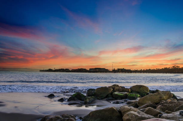 Tropical Beach sunset with Palm trees in Santa Barbara, California stock photo