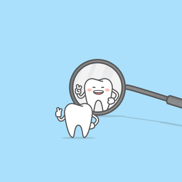 stockillustraties, clipart, cartoons en iconen met tand karakter blik op de tandheelkundige spiegel illustratie vector op blauwe achtergrond. tandheelkundige concept. - tandartsapparatuur illustraties