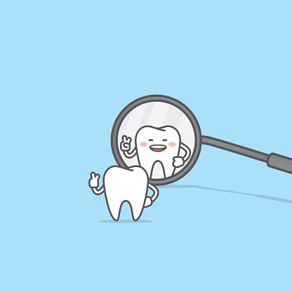 Tooth character look at the dental mirror illustration vector on blue background. Dental concept.