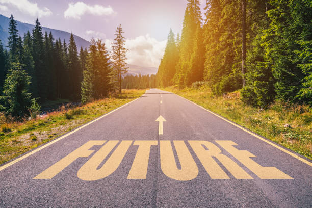 istock Future text on road against asphalt background in nature. 923413656