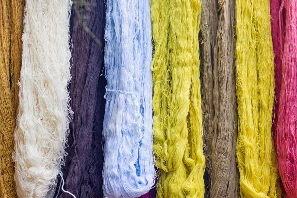 colorful of silk threads, fabric dyeing, cotton stained by natural subject - lpn imagens e fotografias de stock