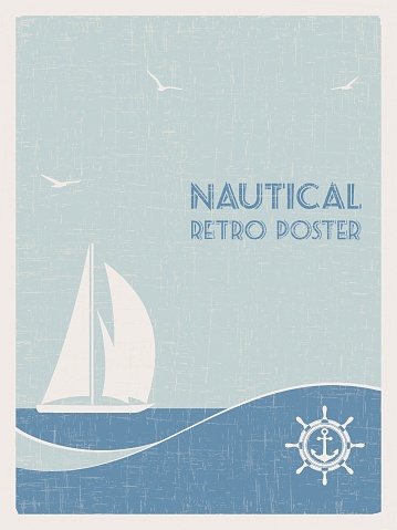 Nautical retro poster. Sailboat on sea background. Vector illustration.