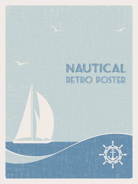 Nautical retro poster. 2 Nautical retro poster. Sailboat on sea background. Vector illustration. sailboat stock illustrations