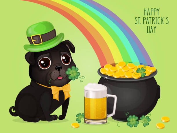 ilustraciones, imágenes clip art, dibujos animados e iconos de stock de сard de day de san patricks con un pug negro lindo en sombrero de duende, pote de oro y copa de cerveza. - st patricks day dog irish culture leprechaun