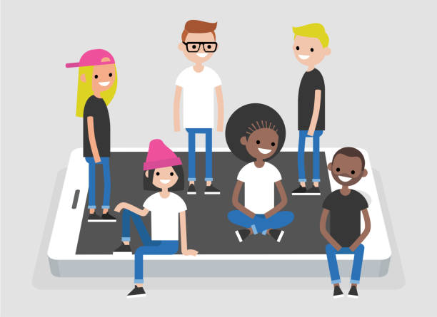 Social network concept. A multinational group of young people hanging out on the mobile screen / flat editable vector illustration, clip art Social network concept. A multinational group of young people hanging out on the mobile screen / flat editable vector illustration, clip art gen z stock illustrations