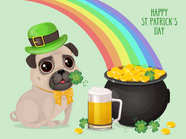 ilustraciones, imágenes clip art, dibujos animados e iconos de stock de сard de day de san patricks con un pug lindo en sombrero de duende, pote de oro y copa de cerveza. - st patricks day dog irish culture leprechaun