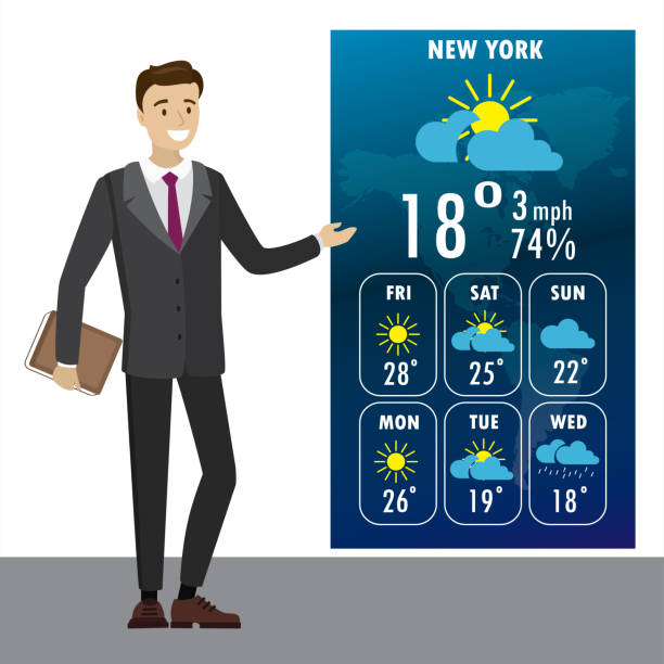 tv에서 젊은 남성이 알려줍니다 일기 예보 - weather meteorologist meteorology symbol stock illustrations