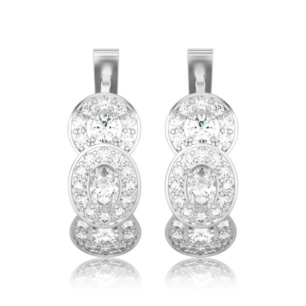istock 3D illustration isolated white gold or silver three stone solitaire diamond earrings with hinged lock with reflection 923422458