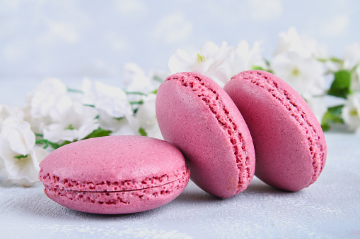 Pink and purple macaroons on a gray table surrounded by pink and white flowers
