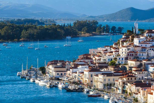 Poros, Greece - January 18, 2018: Harbour of the Chora village of Poros island, Greece.