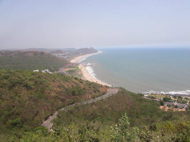 Awesome view of National Highway & sea from top of hills stock photo