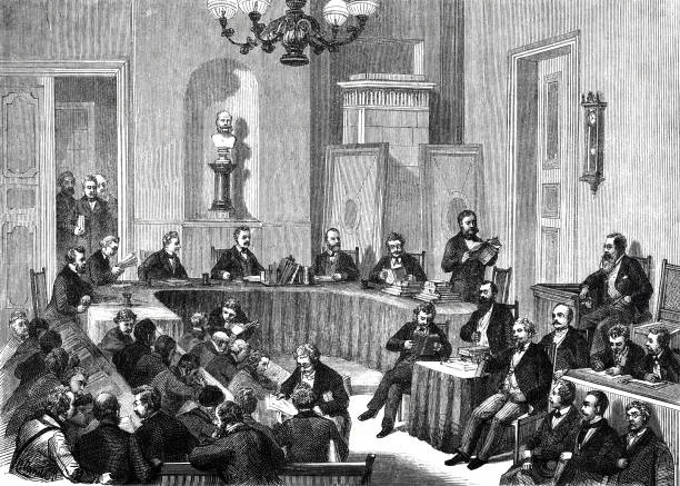 Trial in a courtroom in Berlin Illustration from 19th century lawyer drawings stock illustrations
