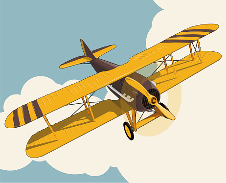 Yellow plane flying over sky with clouds in vintage color stylization. Old retro biplane designed for poster printing. Vector low poly airplane illustration. Banner layout. Model aircraft propeller with two wings.