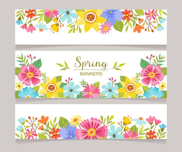 Seasonal Spring Decorative Banners Spring horizontal banner templates with colorful flowers background. Perfect for flyers, invitations, brochures, web banners and blogs decoration. Vector illustration. flower stock illustrations
