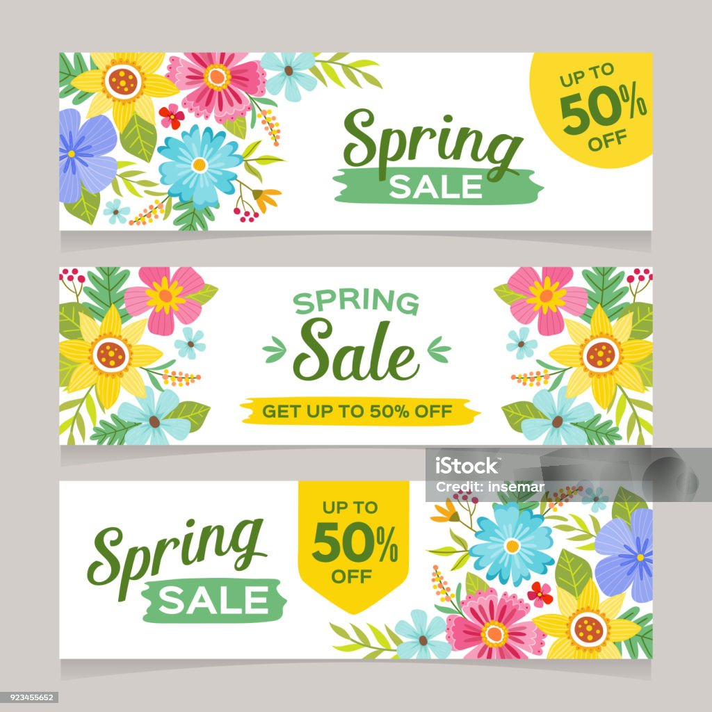 Seasonal Spring sale banners Spring sale horizontal banner templates with colorful flowers background. Perfect for vouchers, flyers, invitations, brochures, web banners and coupon discount. Vector illustration. Springtime stock vector