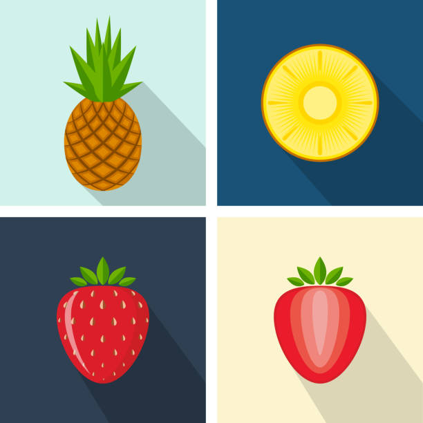 Pineapple and strawberry. Colorful flat design. Fruits with long shadow. Vector icons set Pineapple and strawberry. Colorful flat design. Fruits with long shadow. Vector icons set strawberry salad stock illustrations