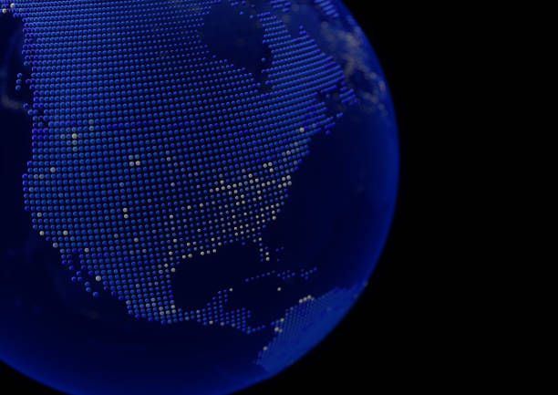 Blue point world globe North America map 3D illustration with white dot cities on dark background.
