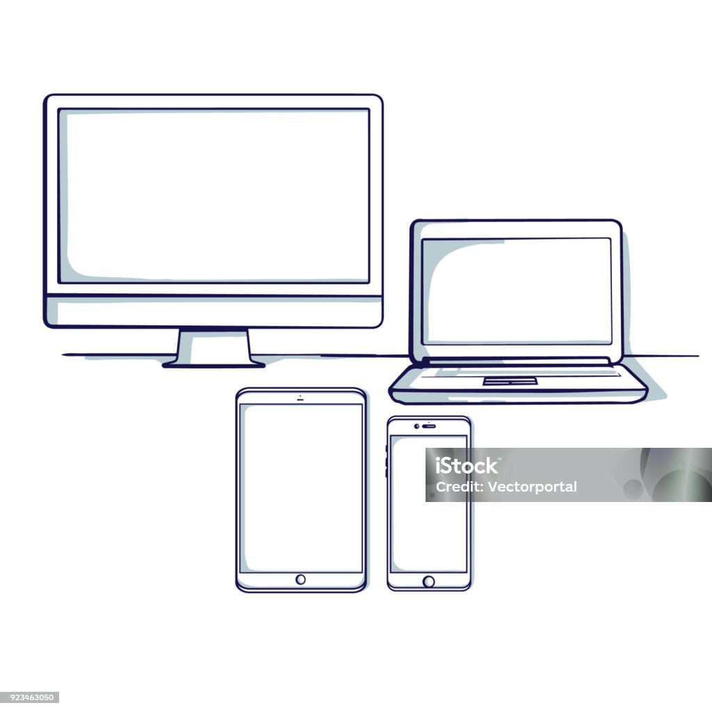 Set of different computer and mobile device: desktop, tablet, laptop, mobile phone. Isolated object. Hand drawn doodle cartoon vector illustration. Digital Tablet stock vector