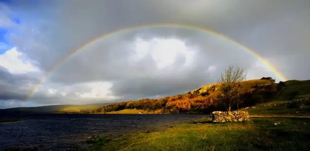 Rainbow over the wild waters of Malham Tarn