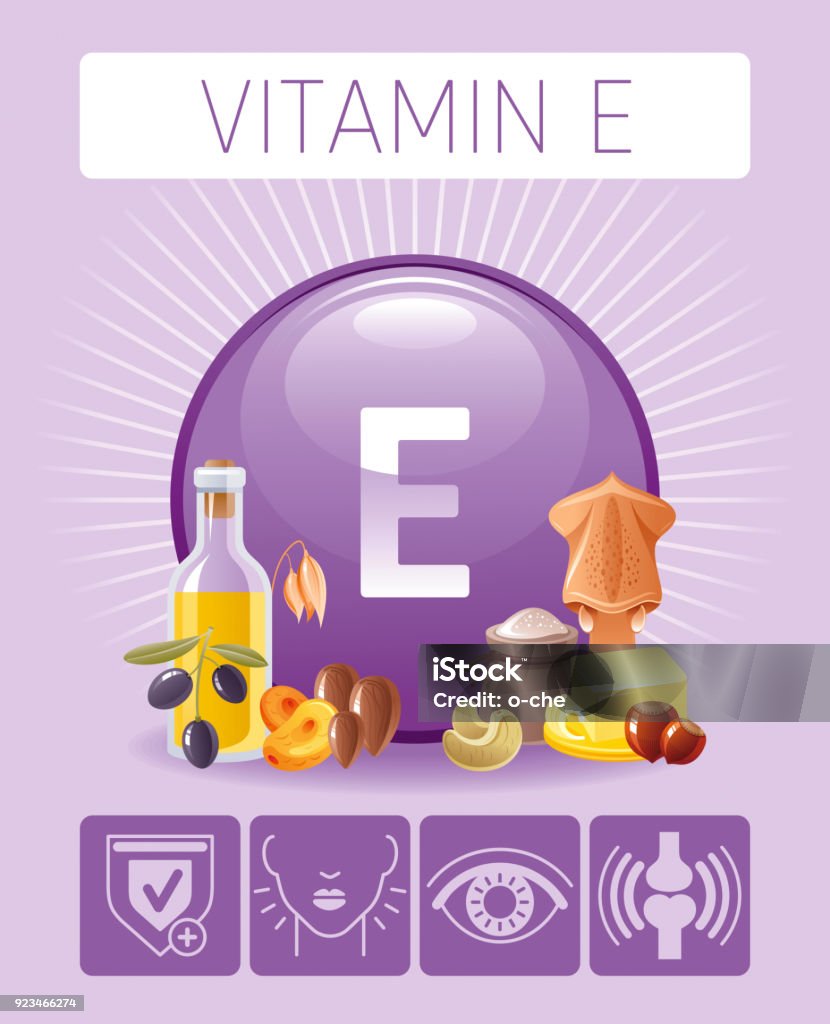 Vitamin E Tocopherol nutrition food icons. Healthy eating, antioxidant supplement text letter symbol, isolated background. Diet Infographic diagram. Table vector illustration. Butter, olive oil, squid Almond stock vector