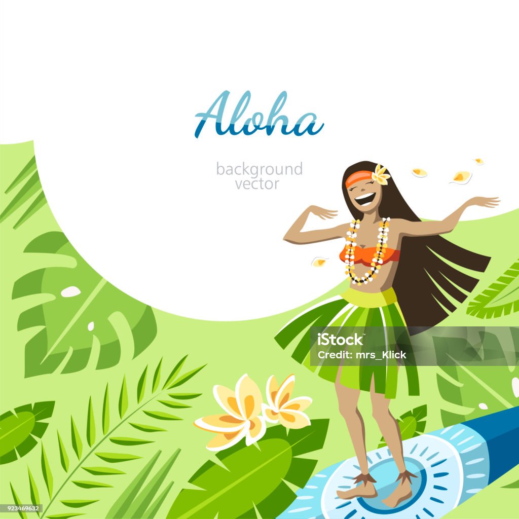 hawaii aloha hawaii background with girl on surf flying over the leaves dancing hula dance Hula Dancing stock vector