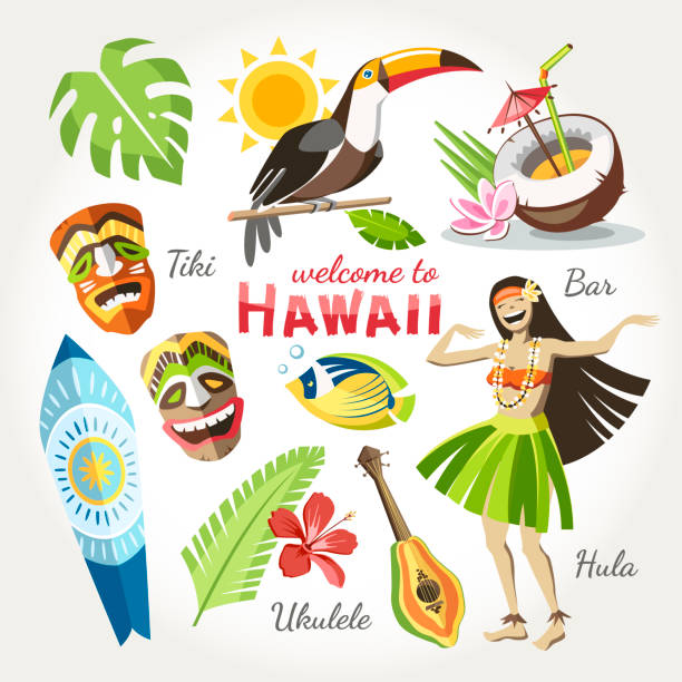 hawaii hawaii vector collection of traditional objects set with bird toucan girl dan?ing hula tiki mask ukulele surf and tropical leaves and flowers cocktail and fish luau stock illustrations