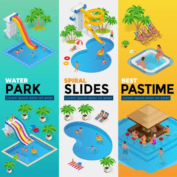 Vector illustration of Aquapark vertical web banners with different water slides, family water park, hills tubes and pools isometric vector illustration. design for web, site, advertising, banner, poster, board and print