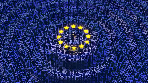 EU GDPR data bits and bytes wave ripples European Union Data Protection bits and bytes in ripple waving pattern with glowing EU stars europe stock pictures, royalty-free photos & images