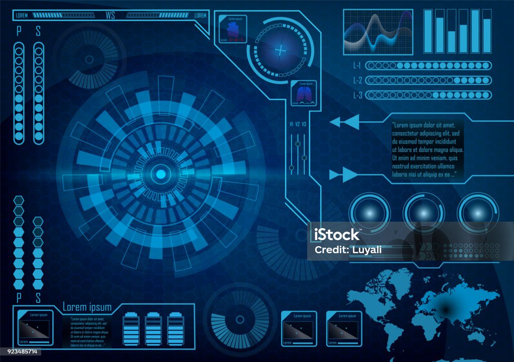 Futuristic radar screen user interface. HUD. Vector EPS 10. Futuristic radar screen user interface. HUD. Infographics futuristic blue background. GUI hologram set with world map. Digital business data for web app. Head-up display elements. Vector EPS 10. Video Game stock vector