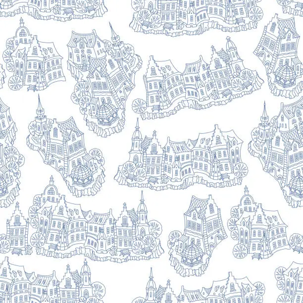 Vector illustration of Seamless pattern of fantasy urban landscape with old medieval houses. Fairy tale town town on islands. Hand drawn doodle sketch. Coloring book page for adults, children. Blue and white wallpaper