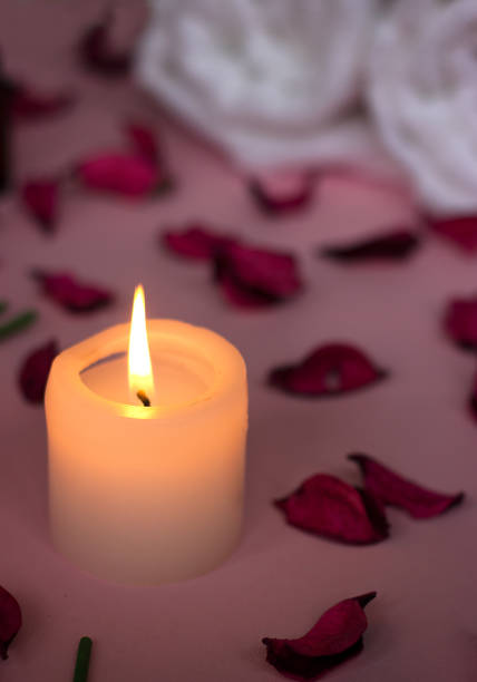 istock Scented candle and dry petals on pink background; wellness or spa background 923497666