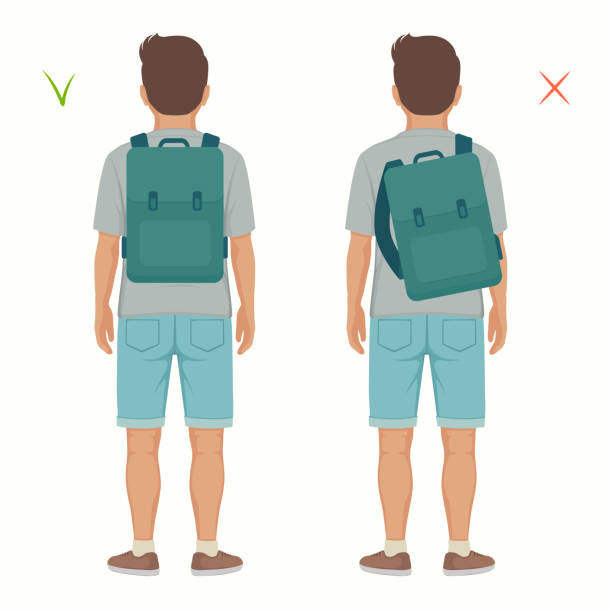 good and wrong spine  posture, correct and incorrect backpack position on child back vector art illustration