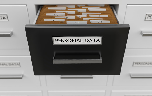 Personal data protection concept. Cabinet full of files and folders. 3D rendered illustration.