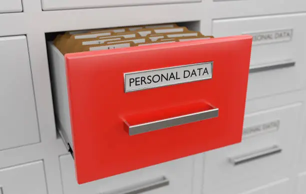 Photo of Personal data protection concept. Cabinet full of files and folders. 3D rendered illustration.