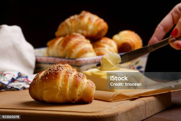 Freshly Baked Croissants And Butter On The Table Stock Photo - Download Image Now - Baked, Baked Pastry Item, Bakery