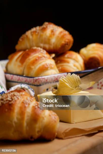 Freshly Baked Croissants And Butter On The Table Stock Photo - Download Image Now - Baked, Baked Pastry Item, Bakery